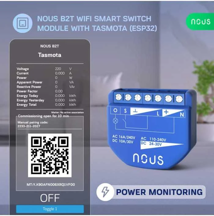 NOUS B2T WIFI Tasmota 1 kanalo relė ESP32 su el. sanaudų stebėjimu (PM)