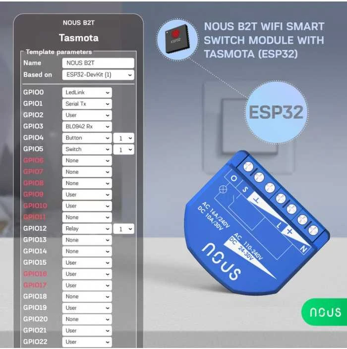 NOUS B2T WIFI Tasmota 1 kanalo relė ESP32 su el. sanaudų stebėjimu (PM)