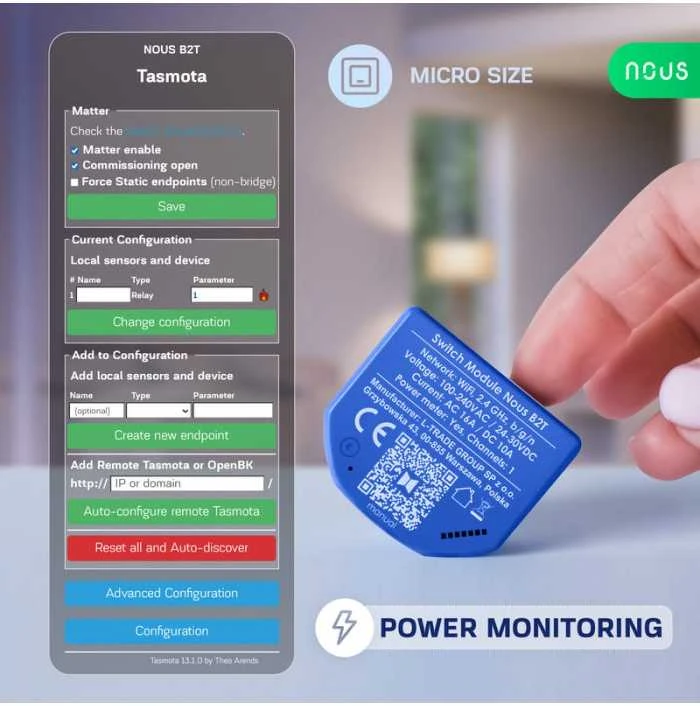 NOUS B2T WIFI Tasmota 1 kanalo relė ESP32 su el. sanaudų stebėjimu (PM)