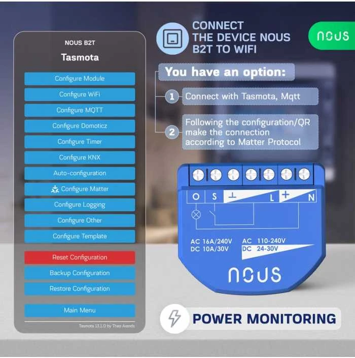 NOUS B2T WIFI Tasmota 1 kanalo relė ESP32 su el. sanaudų stebėjimu (PM)