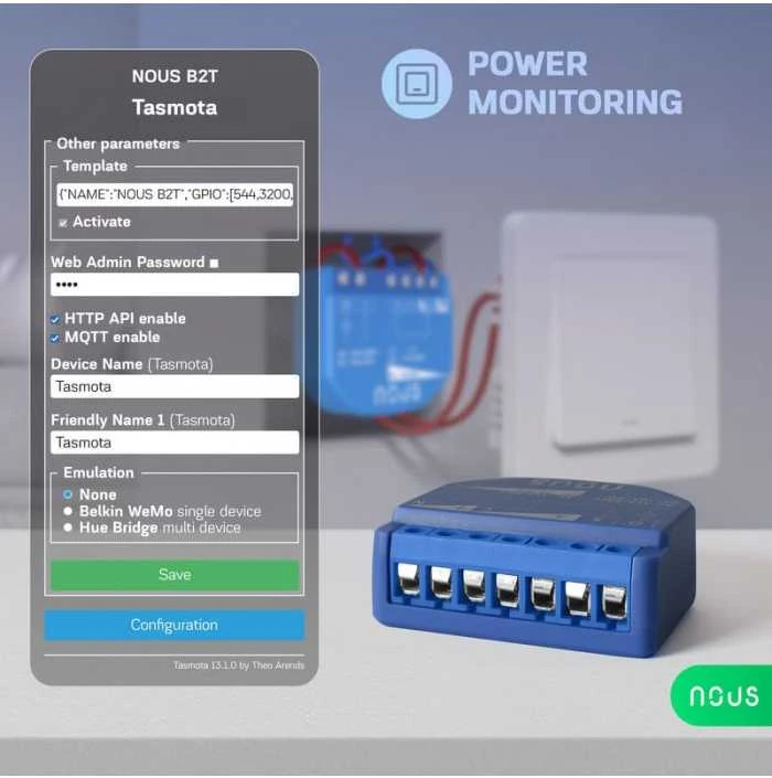 NOUS B2T WIFI Tasmota 1 kanalo relė ESP32 su el. sanaudų stebėjimu (PM)