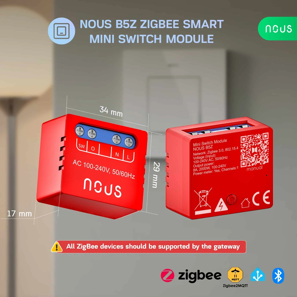 Nous B5Z ZigBee Mini 1 kanalo relė su su energijos stebėjimu 8A