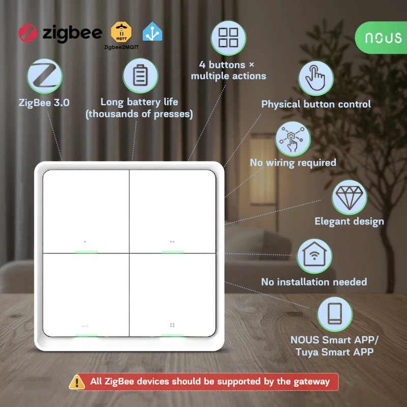 Nous C1 Zigbee belaidis 4 mygtukų jungiklis