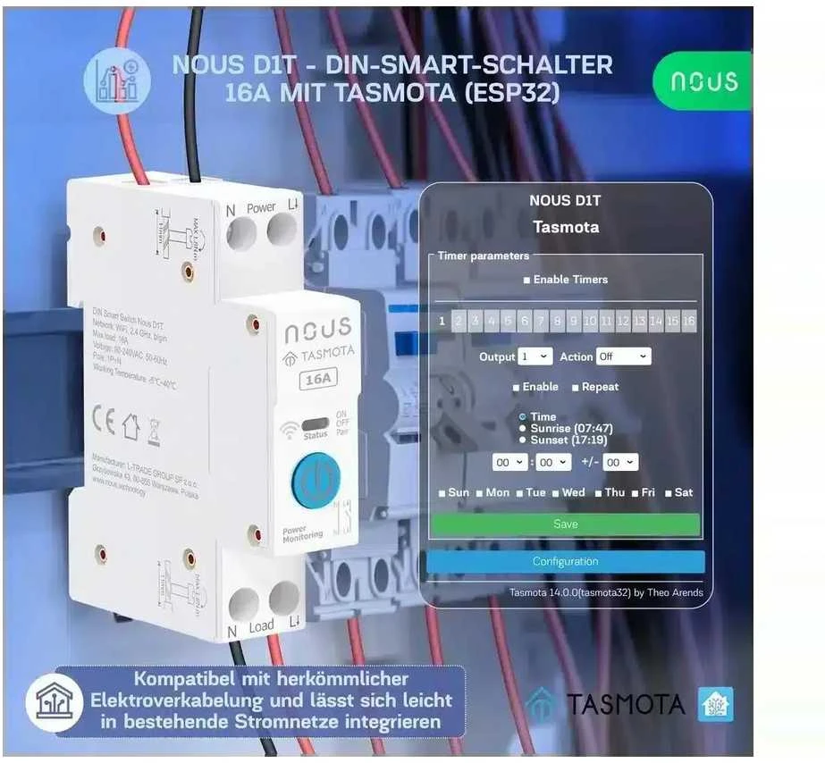Nous D1T Tasmota 1 kanalo ESP3216A relė montuojama ant DIN bėgelio