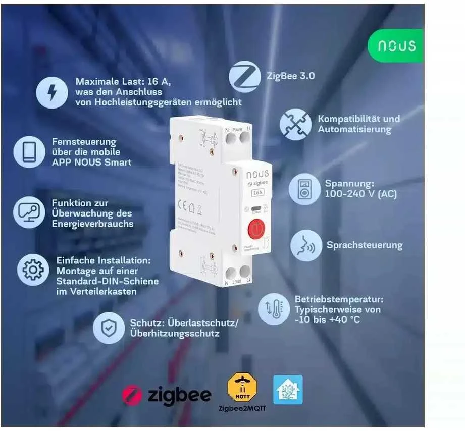Nous D1Z Zigbee 1 kanalo 16A relė montuojama ant DIN bėgelio