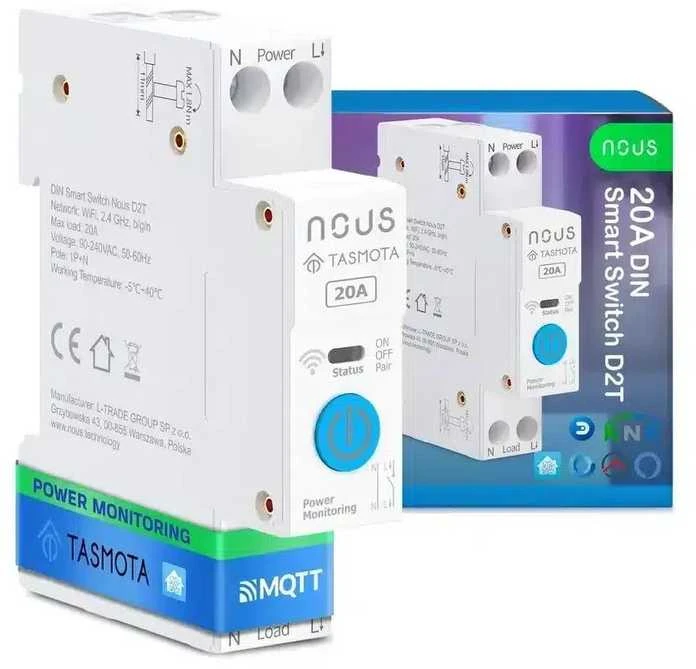 Nous D2T Tasmota 1 kanalo ESP32 relė 20A montuojama ant DIN bėgelio