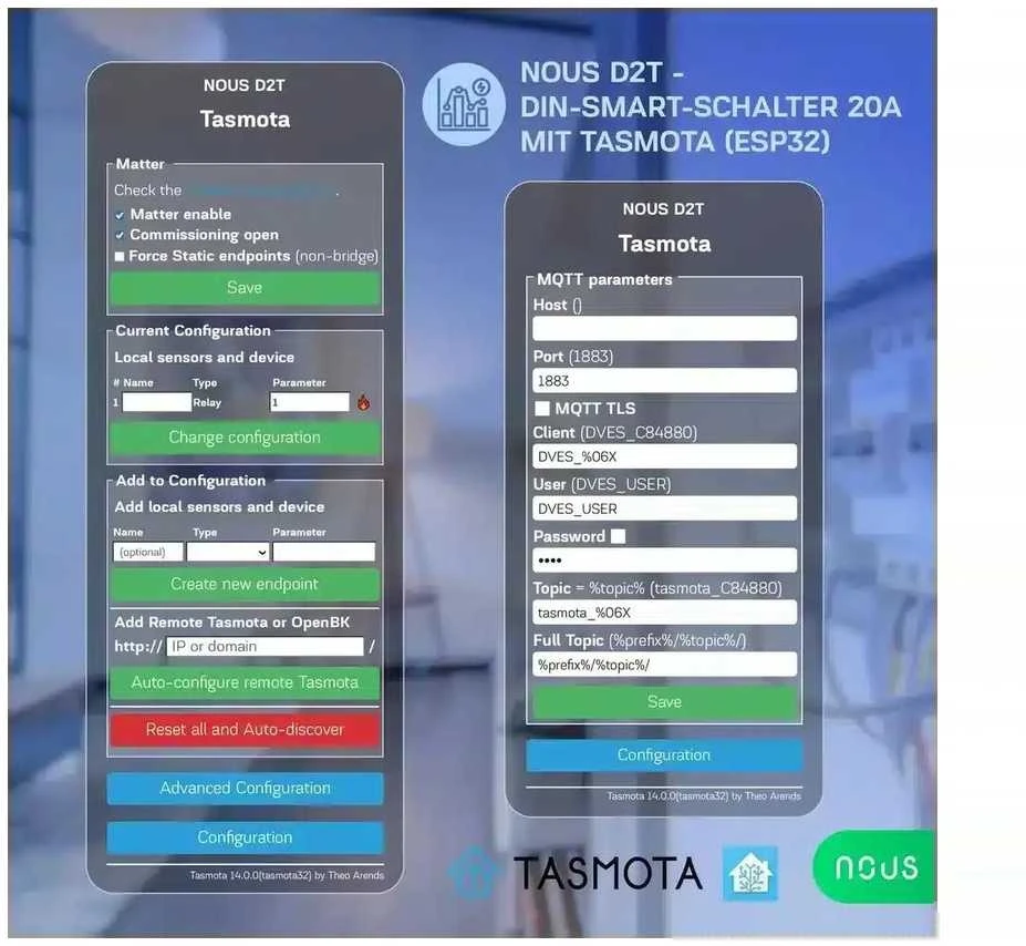 Nous D2T Tasmota 1 kanalo ESP32 relė 20A montuojama ant DIN bėgelio