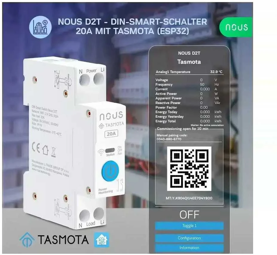 Nous D2T Tasmota 1 kanalo ESP32 relė 20A montuojama ant DIN bėgelio