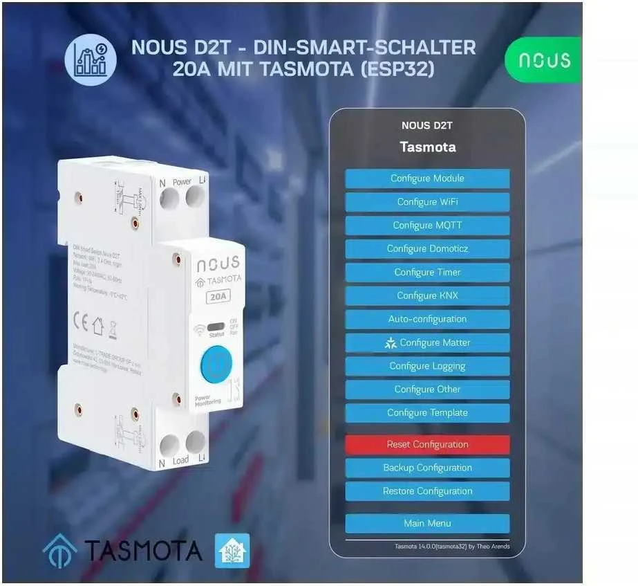 Nous D2T Tasmota 1 kanalo ESP32 relė 20A montuojama ant DIN bėgelio
