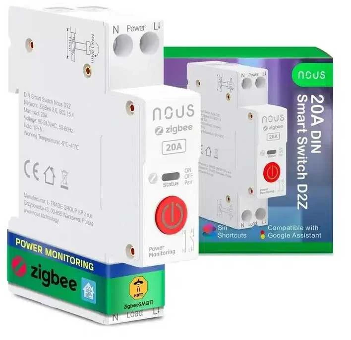 Nous D2Z Zigbee 1 kanalo 20A relė montuojama ant DIN bėgelio