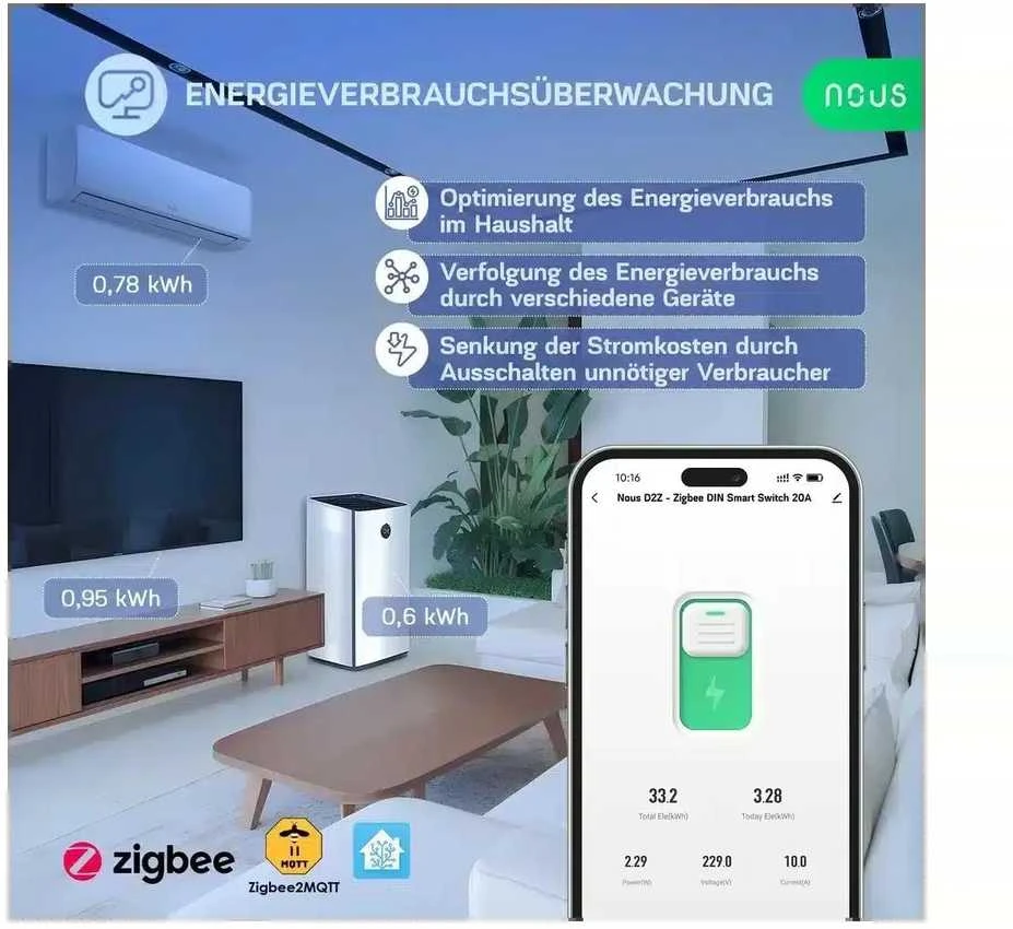 Nous D2Z Zigbee 1 kanalo 20A relė montuojama ant DIN bėgelio