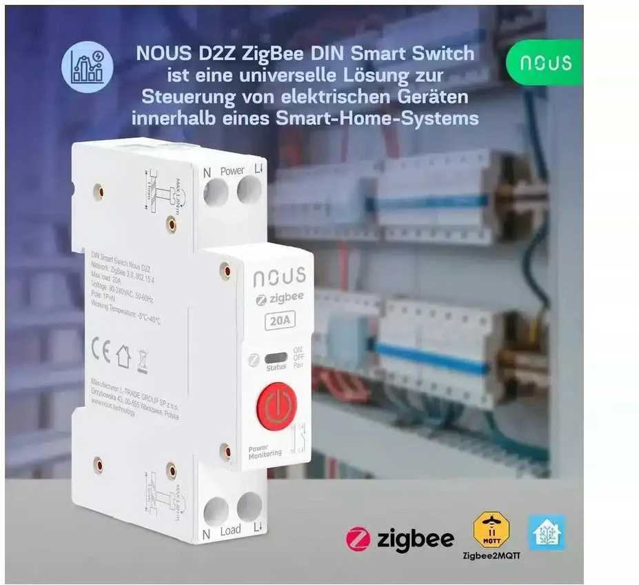 Nous D2Z Zigbee 1 kanalo 20A relė montuojama ant DIN bėgelio