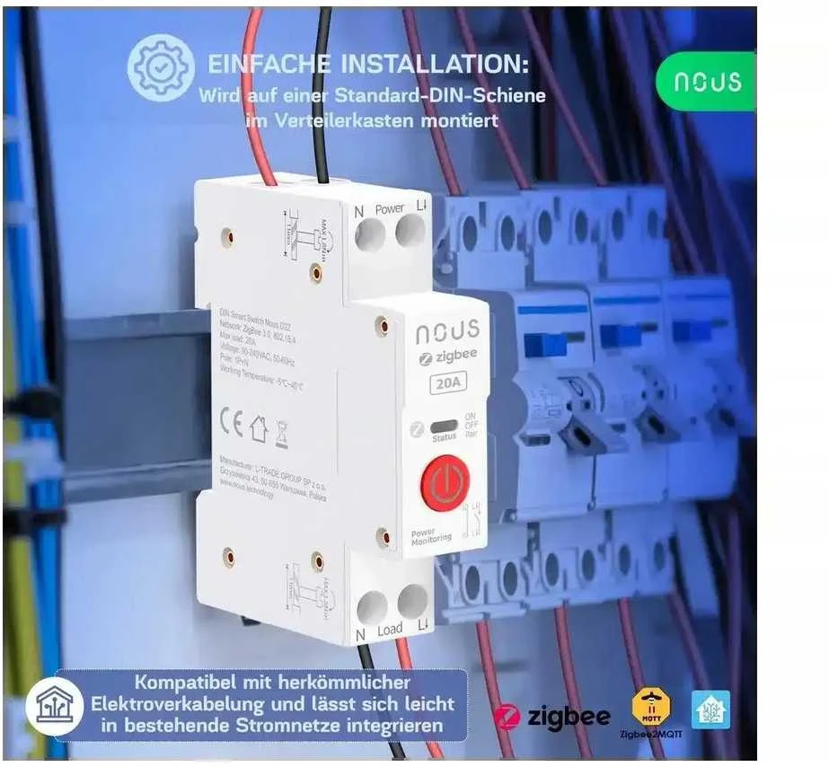 Nous D2Z Zigbee 1 kanalo 20A relė montuojama ant DIN bėgelio