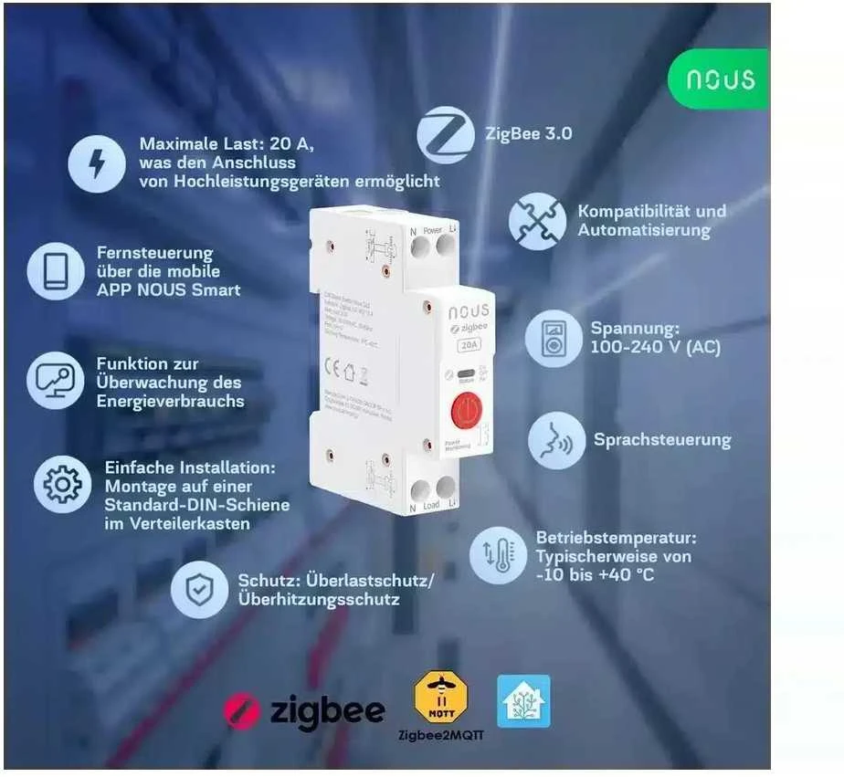 Nous D2Z Zigbee 1 kanalo 20A relė montuojama ant DIN bėgelio