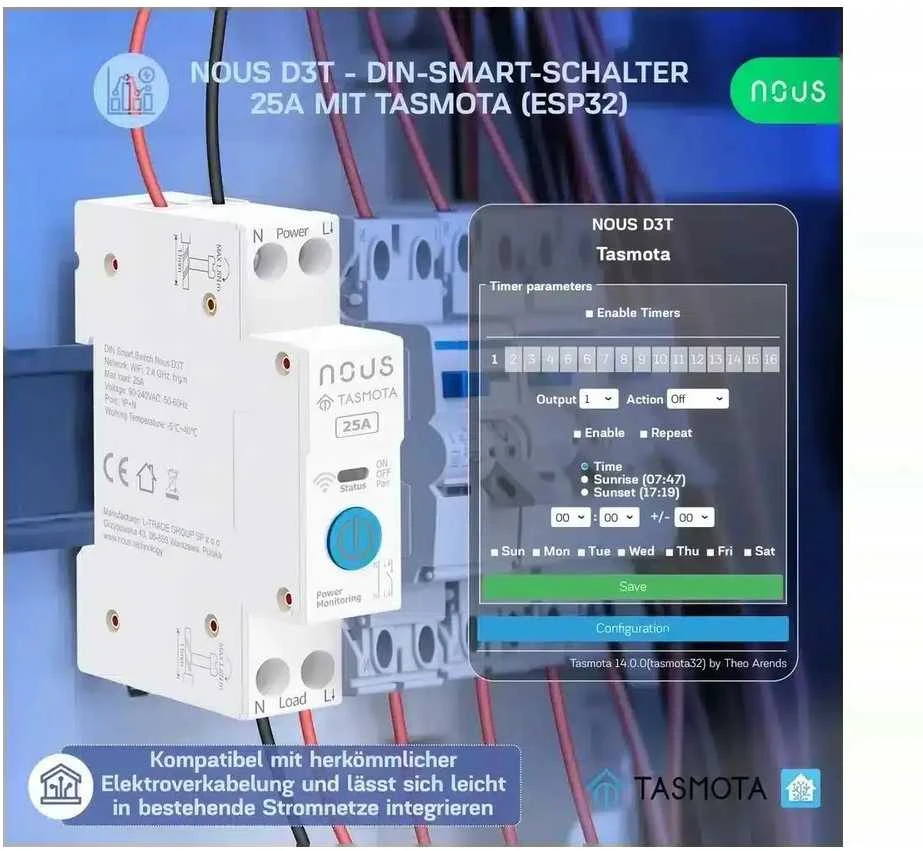 Nous D3T Tasmota 1 kanalo ESP32 relė 25A montuojama ant DIN bėgelio