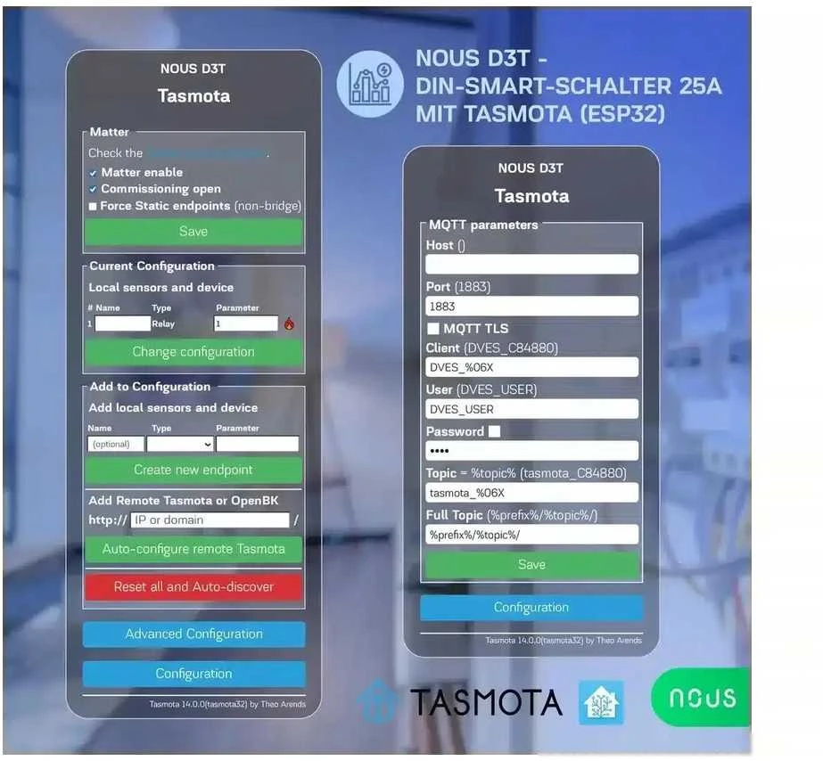 Nous D3T Tasmota 1 kanalo ESP32 relė 25A montuojama ant DIN bėgelio