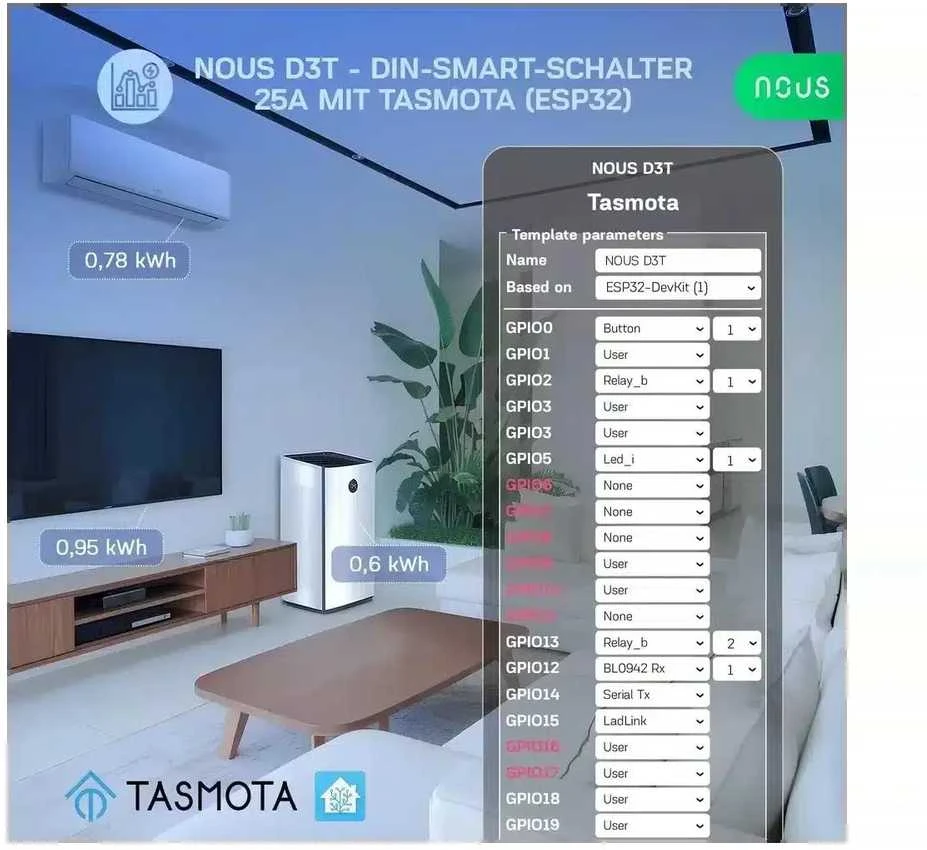 Nous D3T Tasmota 1 kanalo ESP32 relė 25A montuojama ant DIN bėgelio