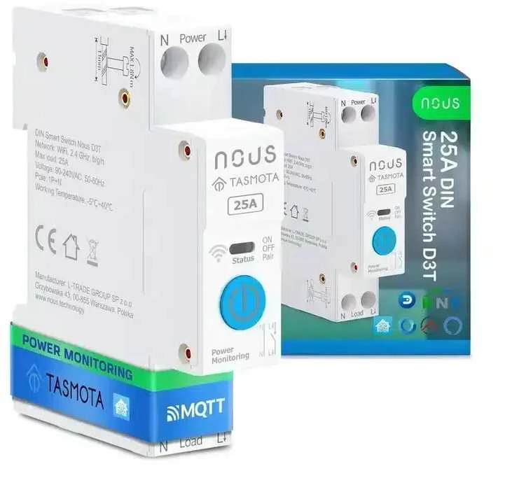Nous D3T Tasmota 1 kanalo ESP32 relė 25A montuojama ant DIN bėgelio