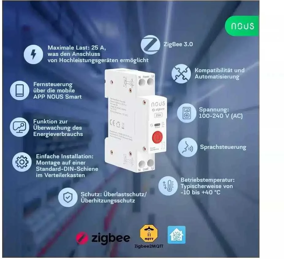 Nous D3Z Zigbee 1 kanalo 25A relė montuojama ant DIN bėgelio