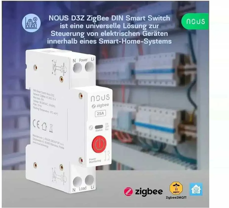 Nous D3Z Zigbee 1 kanalo 25A relė montuojama ant DIN bėgelio