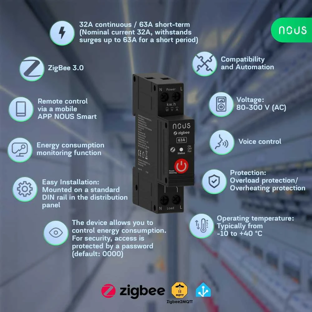 Nous D5Z Pro Zigbee 1 kanalo 32A išmanioji relė and DIN bėgelio