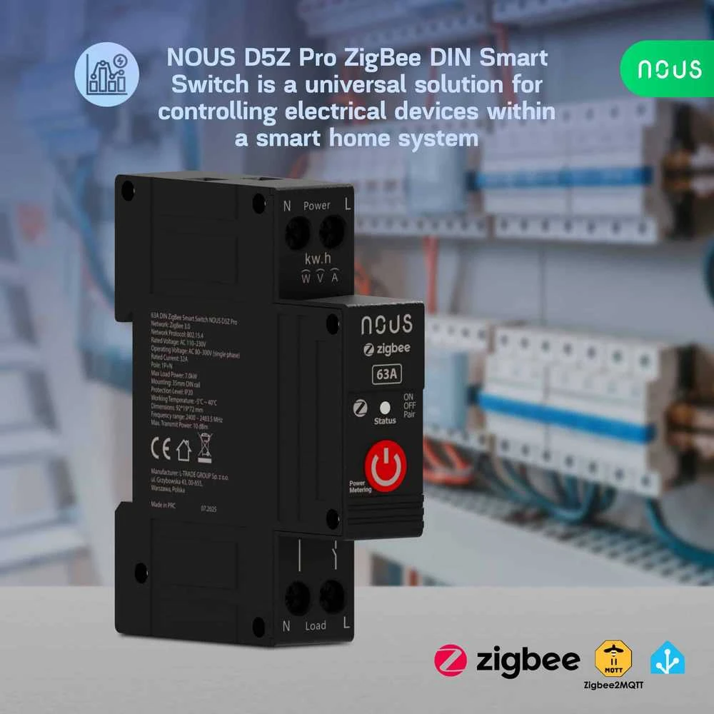 Nous D5Z Pro Zigbee 1 kanalo 32A išmanioji relė and DIN bėgelio