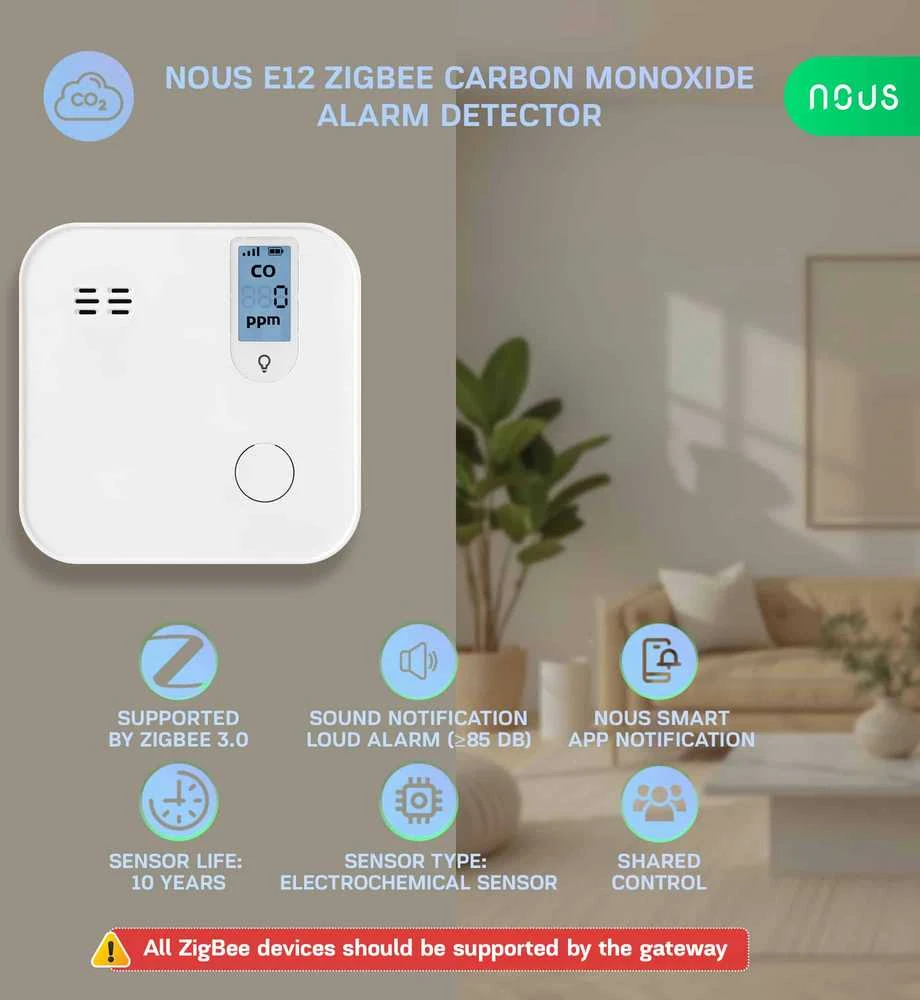 NOUS E12 yra Zigbee bevielis anglies monoksido (CO) detektorius