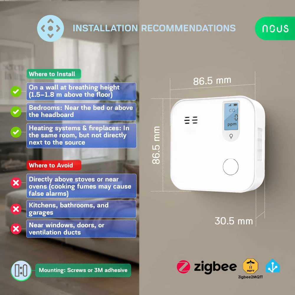 NOUS E12 yra Zigbee bevielis anglies monoksido (CO) detektorius