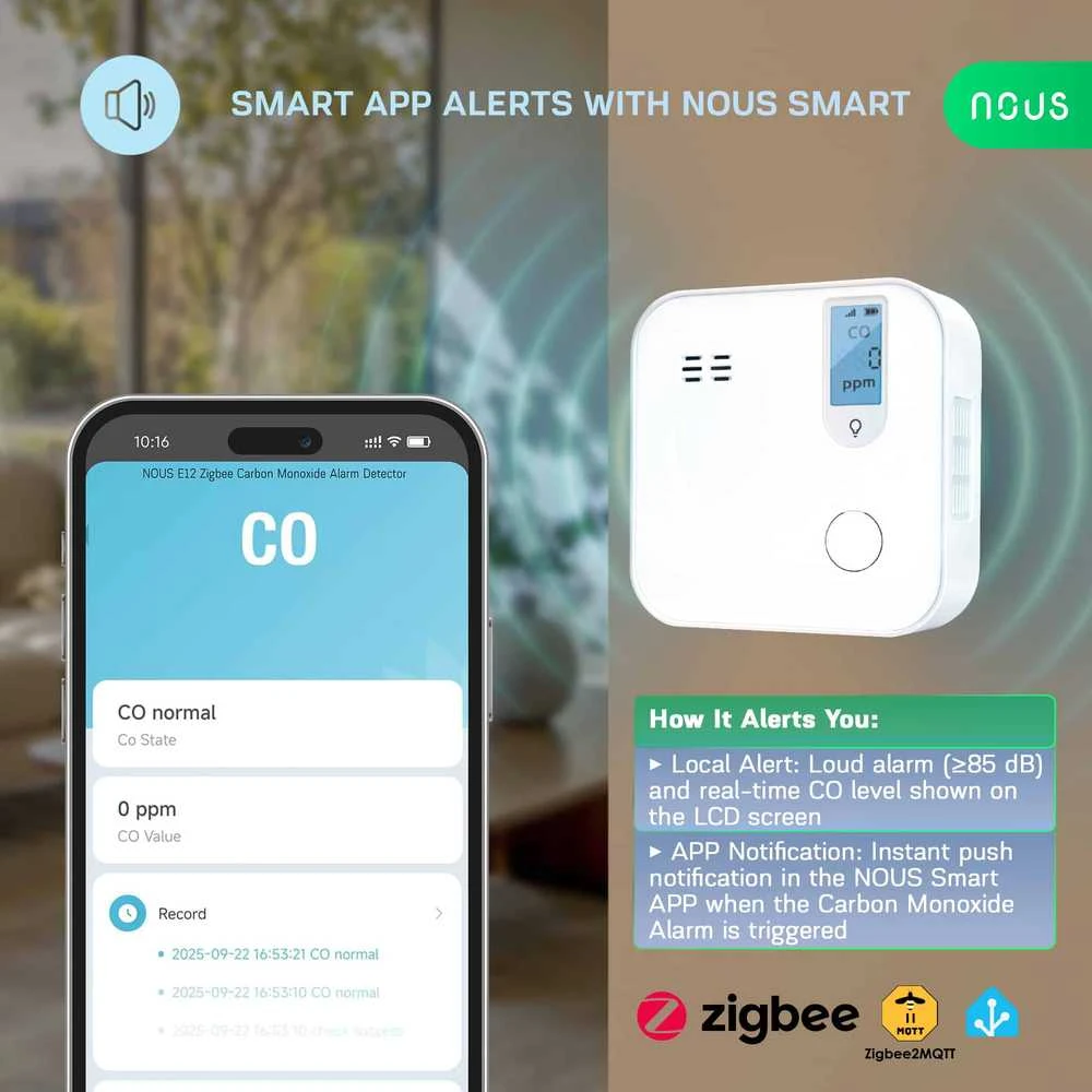 NOUS E12 yra Zigbee bevielis anglies monoksido (CO) detektorius