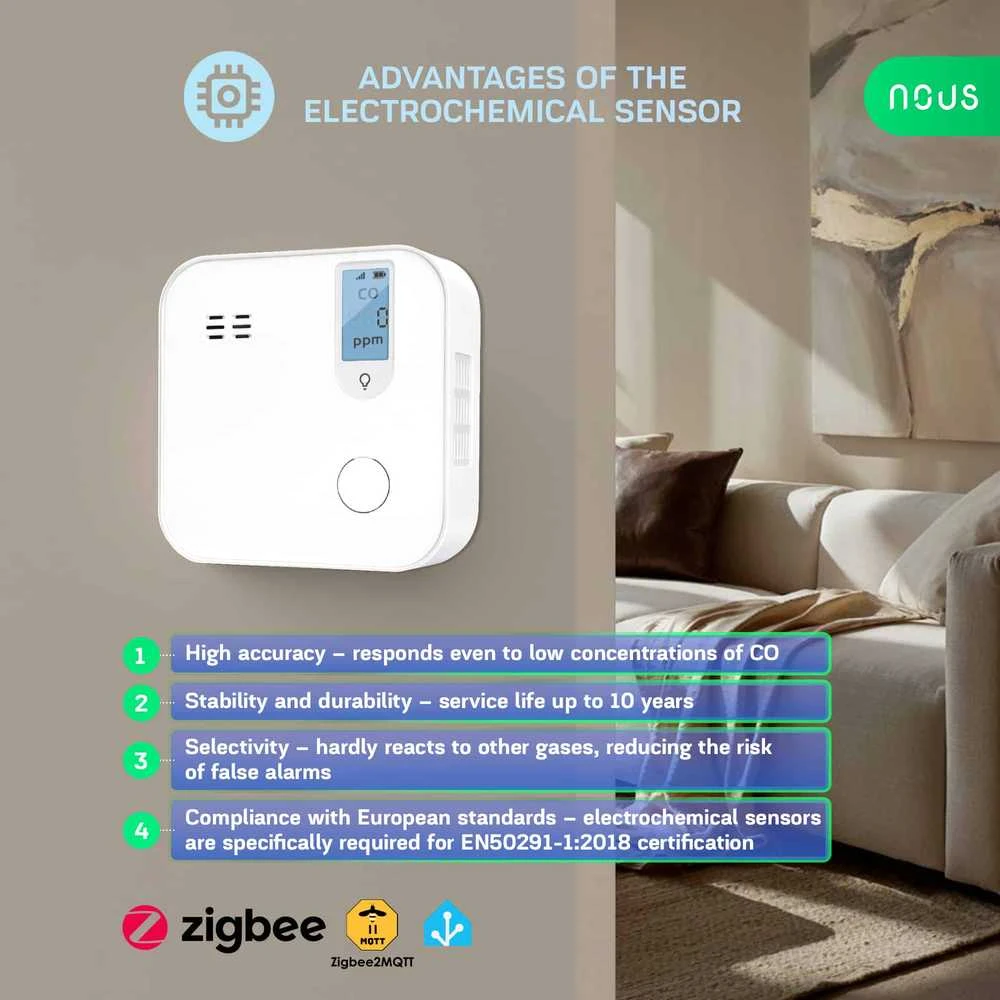 NOUS E12 yra Zigbee bevielis anglies monoksido (CO) detektorius