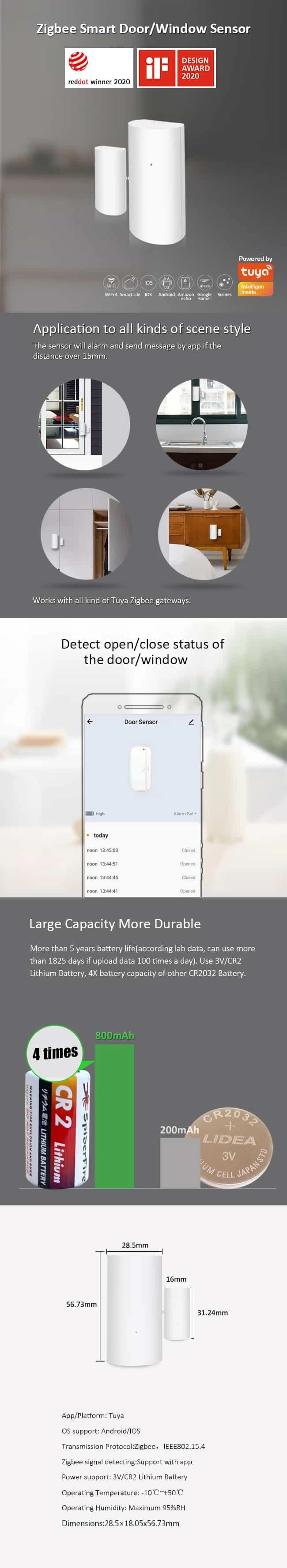 Išmanusis durų/langų jutiklis E3, ZigBee, TUYA / Smart Life, NOUS