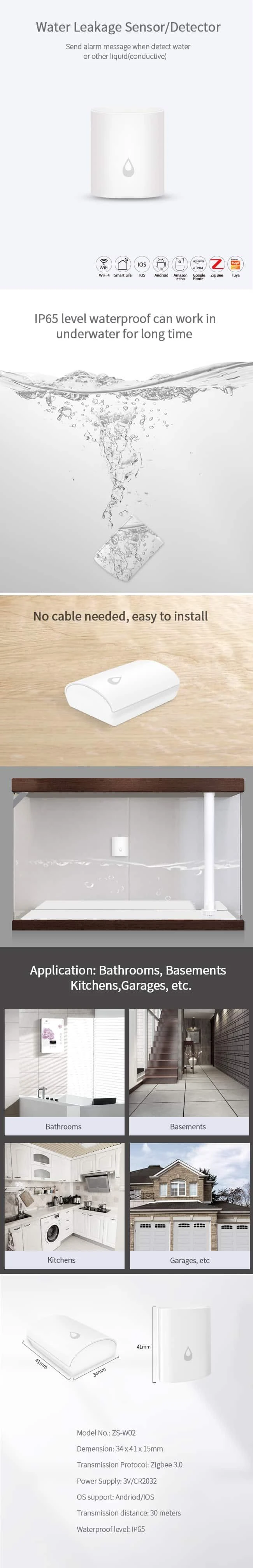 Išmanusis vandens nuotėkio jutiklis E4, ZigBee, TUYA / Smart Life, NOUS