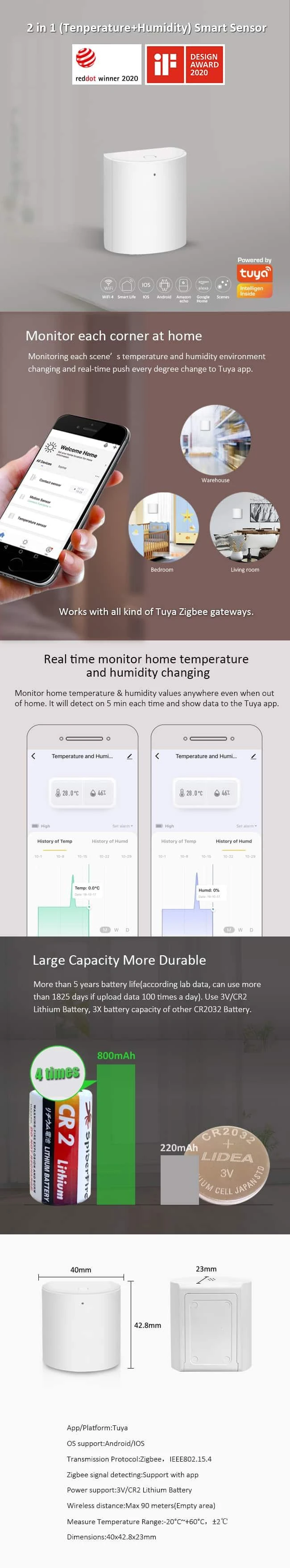 Išmanusis temperatūros ir drėgmės jutiklis E5, ZigBee, TUYA / Smart Life, NOUS