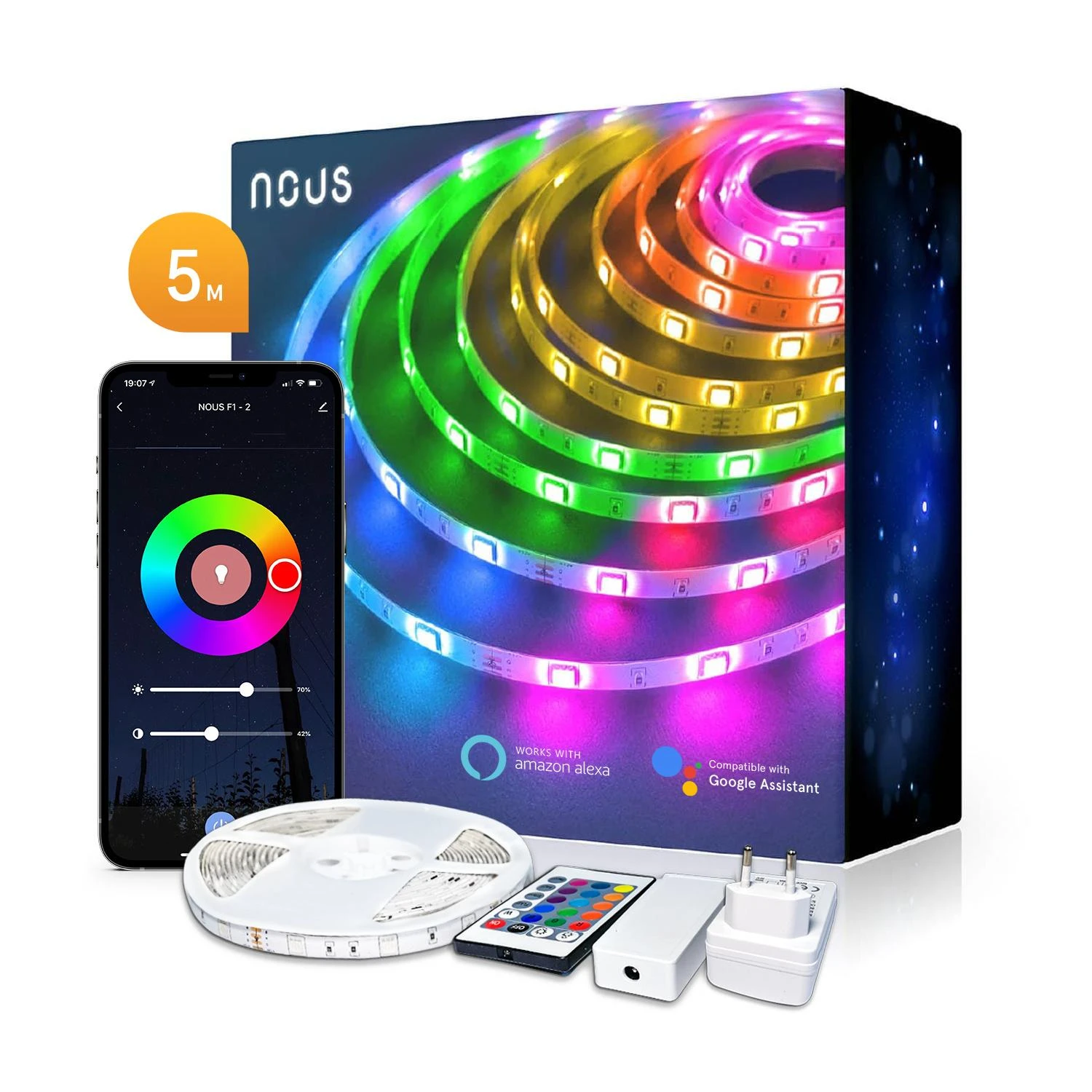 LED juostos komplektas su Wi-Fi valdikliu ir maitinimo šaltiniu, RGB, 5m, 24W, TUYA / Smart Life, NOUS