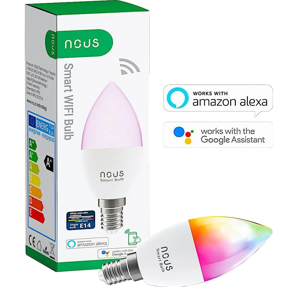Lemputė LED E14, 230V, 4,5W, 380lm, 2700K - 6500K, RGB, išmanioji Wi-Fi, valdoma programėle, TUYA / Smart Life, P4, NOUS