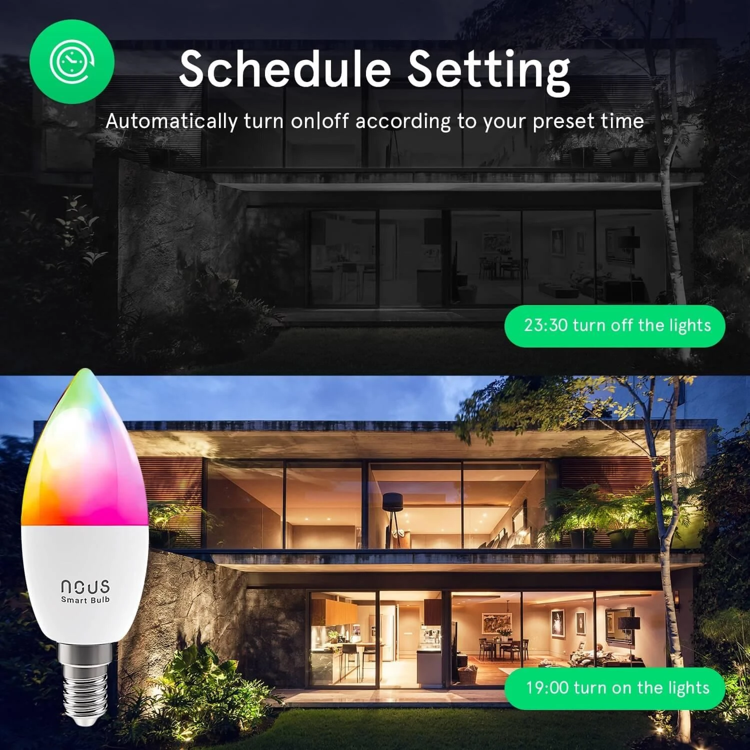 Lemputė LED E14, 230V, 4,5W, 380lm, 2700K - 6500K, RGB, išmanioji Wi-Fi, valdoma programėle, TUYA / Smart Life, P4, NOUS