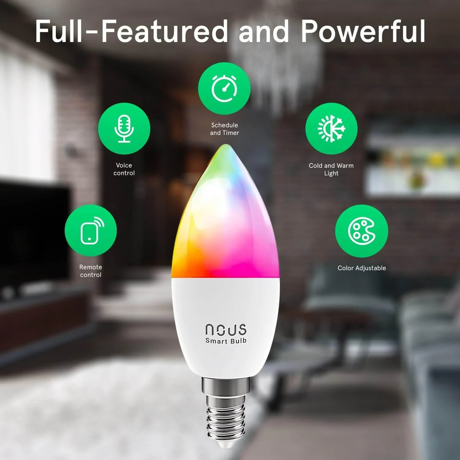 Lemputė LED E14, 230V, 4,5W, 380lm, 2700K - 6500K, RGB, išmanioji Wi-Fi, valdoma programėle, TUYA / Smart Life, P4, NOUS