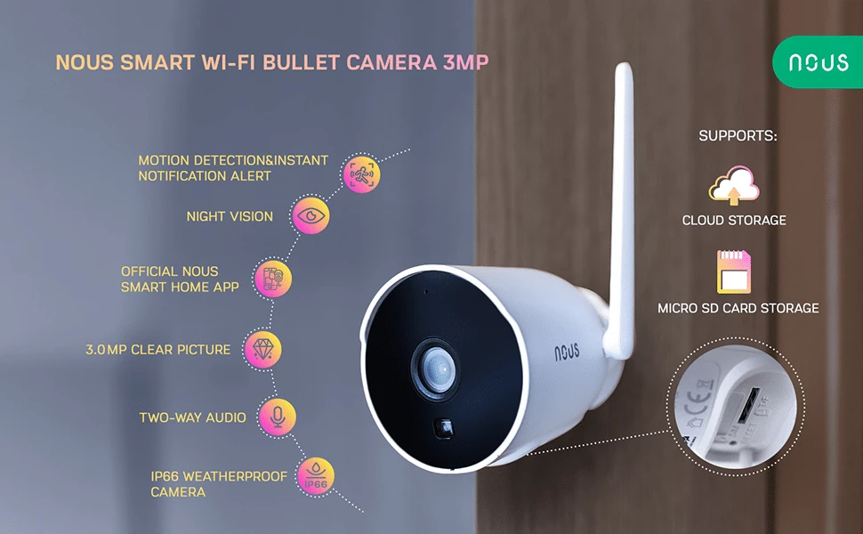 Nous W7P Bullet bevielė išmanioji Wifi kamera 3MP TUYA, Smart Life, NOUS