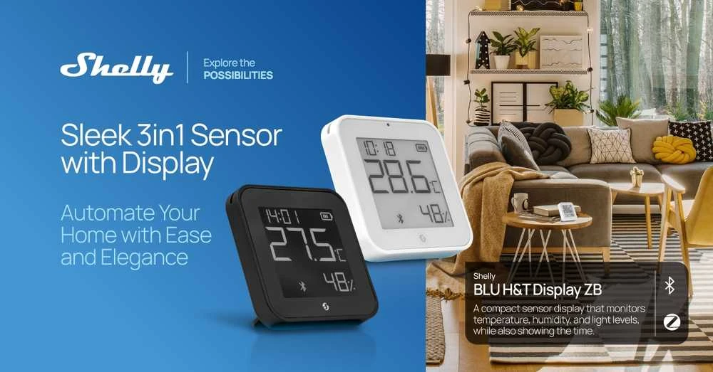 Shelly BLU H&T Ekranas ZB temperatūros, drėgmės, LUX sensorius, Bluetooth, Zigbee, Baltas