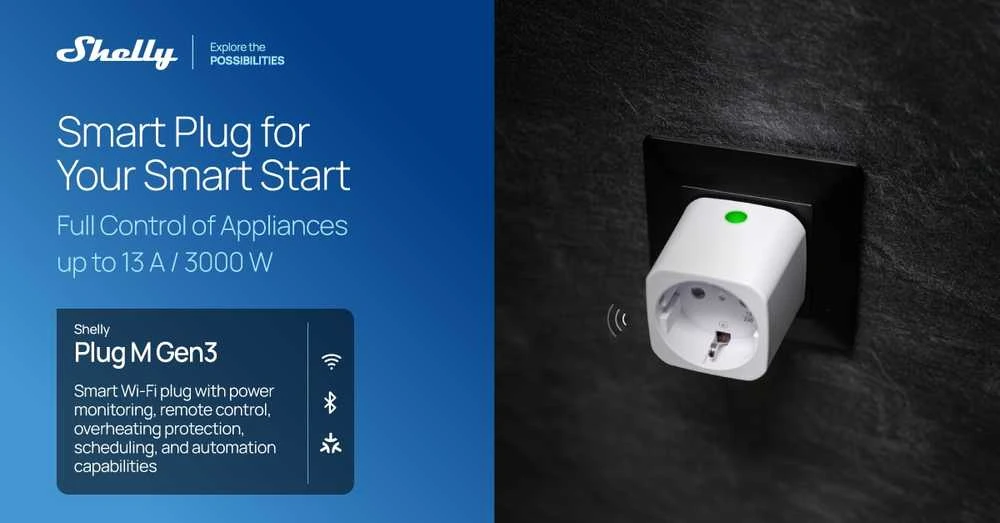 Shelly Plug M Gen3 – išmanusis Wi-Fi Matter kištukinis lizdas su galios matavimu (juodas)
