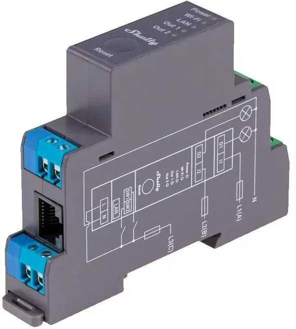 Shelly PRO 2 išmanioji 2 kanalų relė valdoma Wifi LAN ar Bluetooth montuojama ant DIN bėgelio