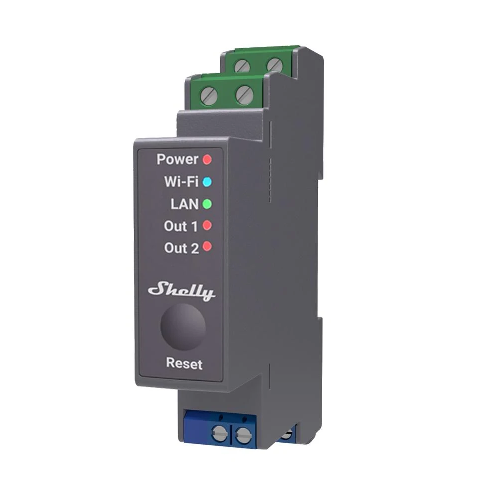Shelly PRO 2 išmanioji 2 kanalų relė valdoma Wifi LAN ar Bluetooth montuojama ant DIN bėgelio