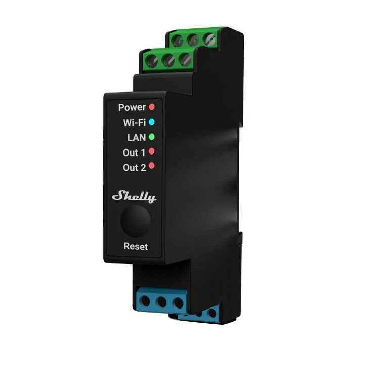 Shelly PRO 2PM išmanioji 2 kanalų relė su elektros sąnaudų matavimu valdoma Wifi LAN Bluetooth montuojama ant DIN bėgelio