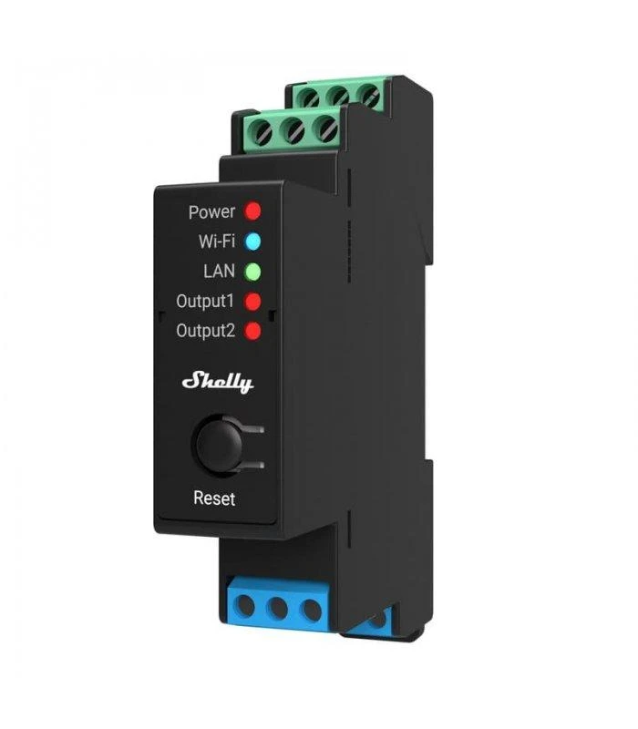 Shelly PRO 2PM išmanioji 2 kanalų relė su elektros sąnaudų matavimu valdoma Wifi LAN Bluetooth montuojama ant DIN bėgelio