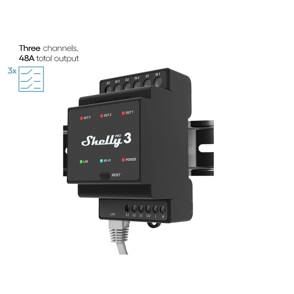 Shelly Pro 3 išmanioji 3 kanalų 3 fazių relė su Wi-Fi, LAN ir Bluetooth ryšiu