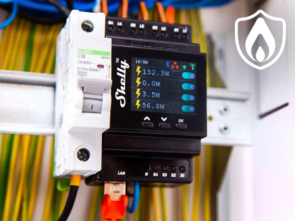 Shelly Pro 4PM 4 kanalų DIN bėgio relė jungiklis su Wi-Fi, LAN ir Bluetooth ryšiu