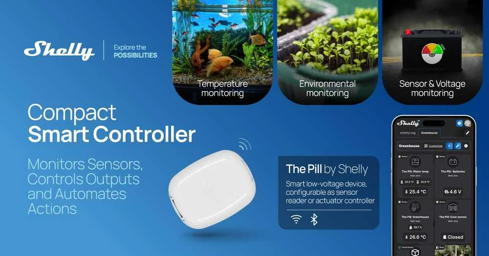 „Shelly The Pill“ universalus „WiFi“ / „Bluetooth“ jutiklis