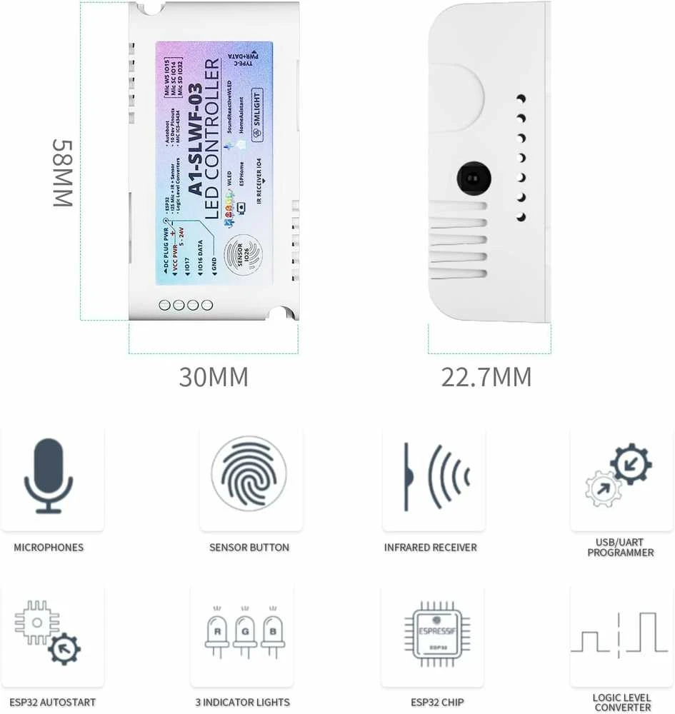 SMLIGHT A1-SLWF-03 Adresuojamos LED juostos valdiklis WLED ESP32