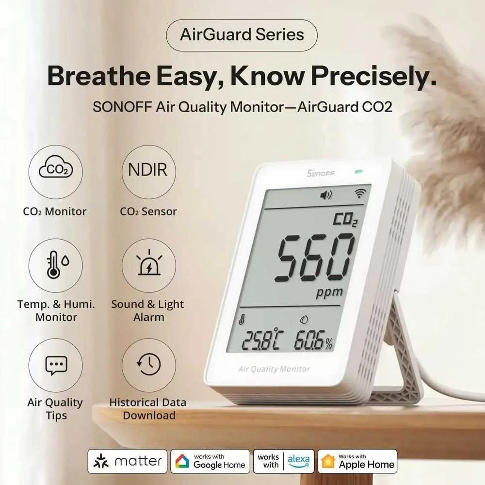 Sonoff AirGuard CO2 SAWF-08P Wifi temperatūros drėgmės ir CO2 sensorius, palaiko Matter