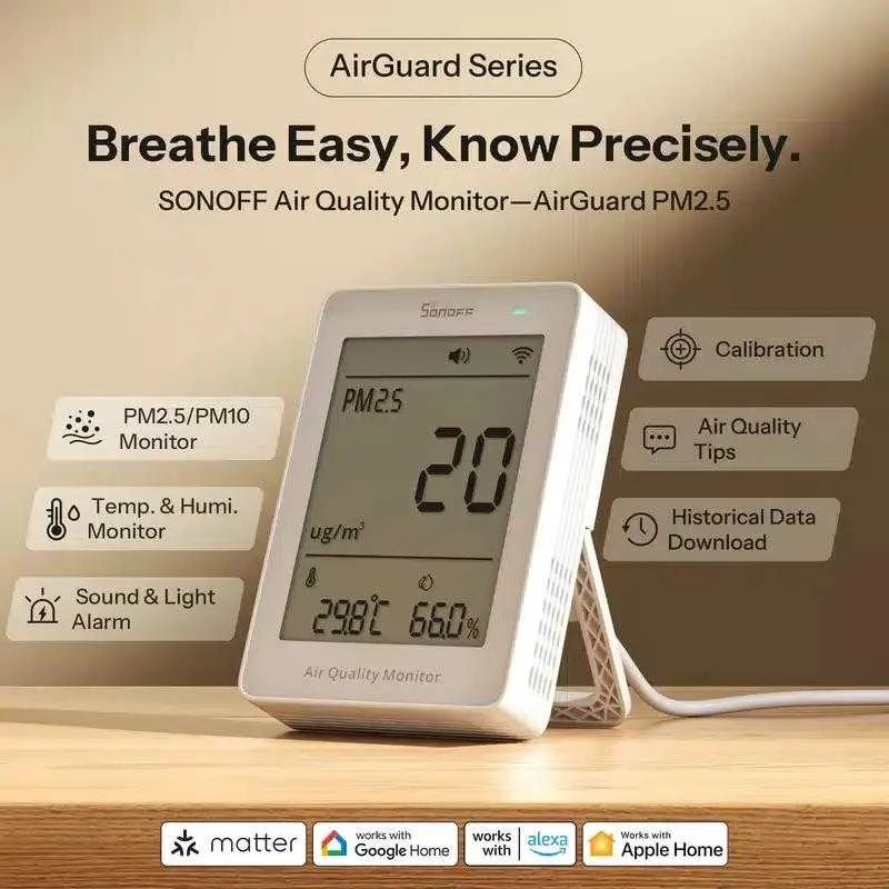 Drėkintuvas Sonoff AirGuard PM2.5 Wi-Fi oro kokybės sensorius, palaiko Matter